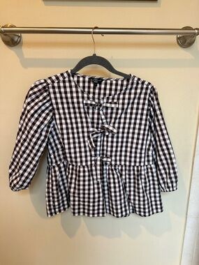 Brown & White Gingham Tie-Front Peplum Top